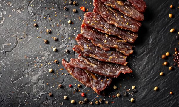 Slices of beef jerky seasoned with spices on dark textured surface