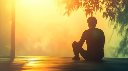 Serene Silhouette of a Person Sitting Alone at Sunrise, Embracing Nature and Tranquility Amidst Soft Orange and Yellow Hues in the Background