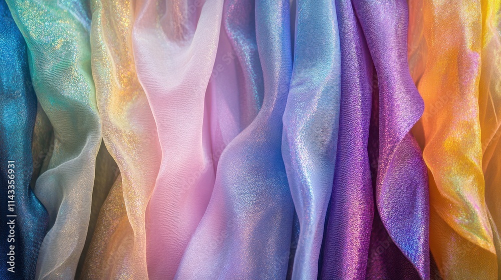 Poster A vibrant display of flowing, iridescent fabrics in various colors.