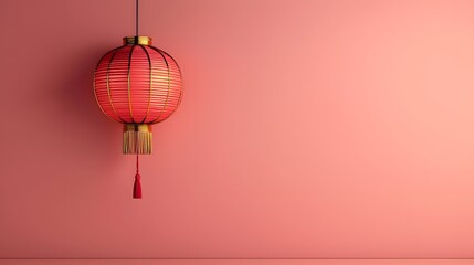 Obraz premium Enchanting Red Lantern with Golden Accents Symbolizing Good Fortune on a Soft Pink Background. Chinese New Year Symbol Concept