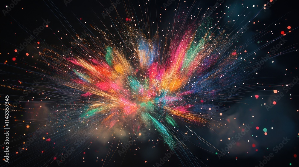 Poster a vibrant explosion of colors and light, resembling a cosmic event or artistic display.