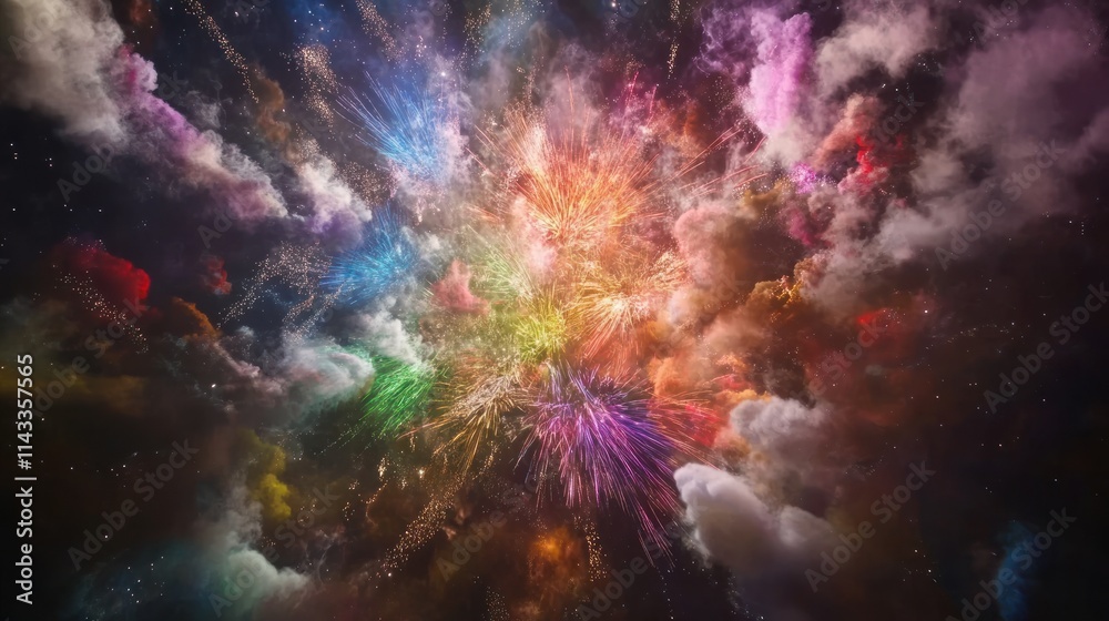 Aufkleber a vibrant explosion of colors resembling fireworks in a cosmic setting.