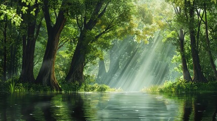 Naklejka premium Serene Forest Landscape with Trees and Reflective Water Under Gentle Sunlight