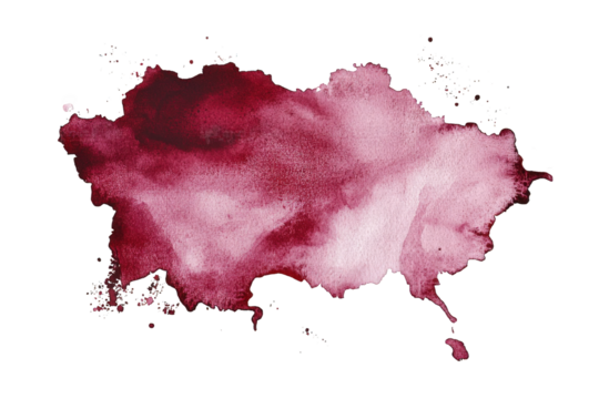 abstract watercolor paint splatter in red and pink hues on a transparent background