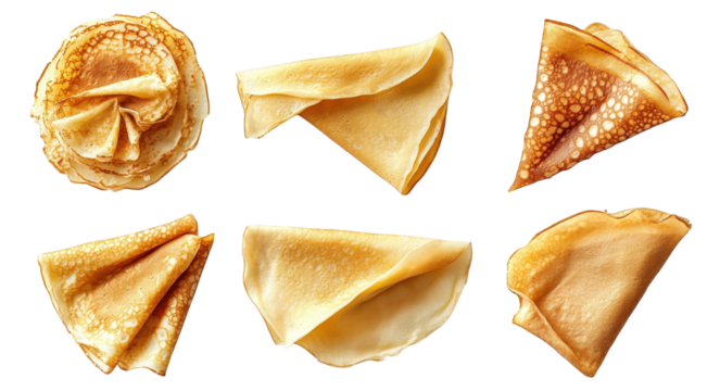 a collection of six thin. golden brown crepes. some folded in different ways. set against a transparent background