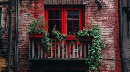 Naklejka premium A vibrant red balcony adorned with lush greenery against a textured brick wall.