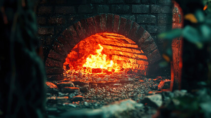 A rustic brick oven with glowing embers inside, creating a warm and inviting atmosphere, ideal for baking bread or pizzas.