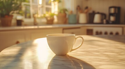 Fototapeta premium Warm Morning Light Illuminates a White Coffee Cup on a Table