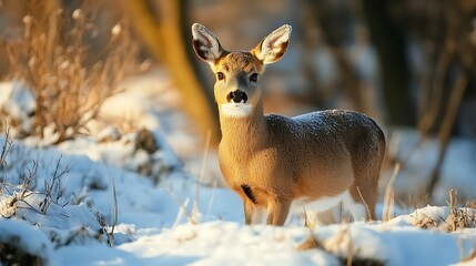Fawn in Winter Woods.  Winter Wildlife, Snowy Forest,  Deer in Snow