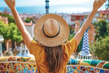 Joyful traveler taking selfie with smartphone in Park Guell Barcelona Spain vibrant outdoor scene