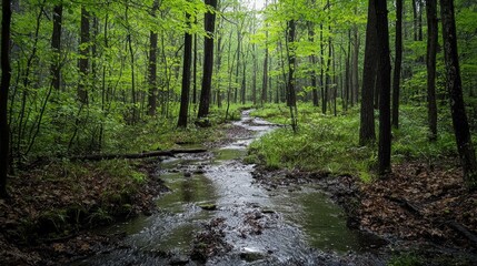 Obraz premium Serene Forest Ecosystem with Stream and Lush Green Foliage in Natural Setting