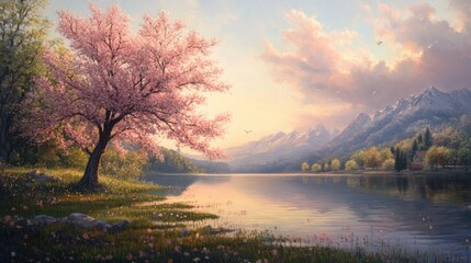 Peaceful Mountain Lake Landscape with a Blooming Tree