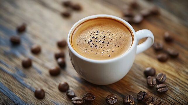 Espresso Coffee in White Cup. Concept of Morning Energy and Wakefulness.