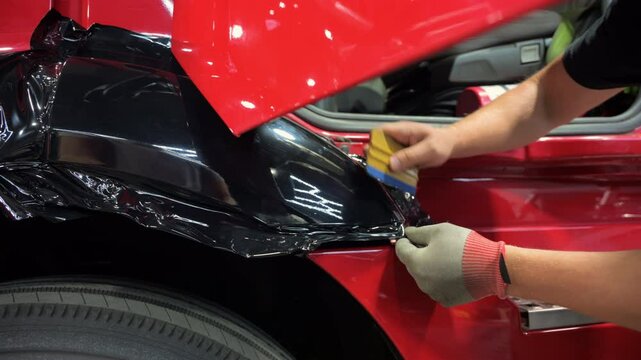 Process of applying a dark PPF film with scraper to a truck side. Close up footage of applying a film on a car. 