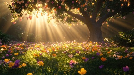 Obraz premium Beautiful Flower Garden with Sun Rays Through a Blossoming Tree