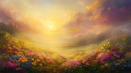 Vibrant Landscape with Colorful Flowers and Golden Sunrise Light