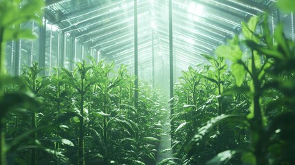 Lush Greenhouse Interior with Vibrant Plants Bathed in Natural Light