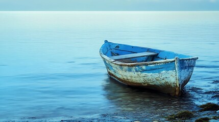Lonely blue wooden boat on tranquil water. Concept of solitude, peace, and tranquility.
