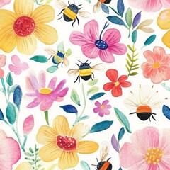 Whimsical Watercolor Spring Flowers and Bees
