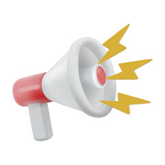 Fototapeta premium Vector illustration, 3D render of white-red megaphone icon. Yellow lightning or lightning bolt symbol of sound or announcement, communication, notification, isolated on white background.