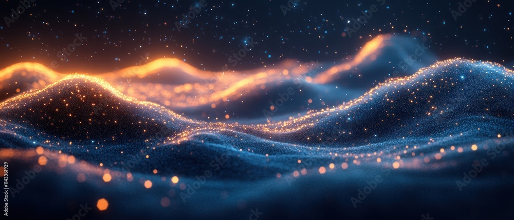 Poster luminous blue light waves cyberpunk digital landscape background for user interface design