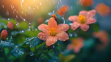 Close-up of delicate orange flowers glistening with rain droplets in soft light.