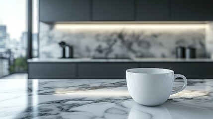 Minimalist Kitchen Interior with White Coffee Cup on Marble Countertop