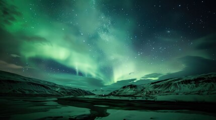 Naklejka premium Mesmerizing Arctic Aurora: Dancing emerald lights illuminate a serene snow-covered landscape under a starlit sky.