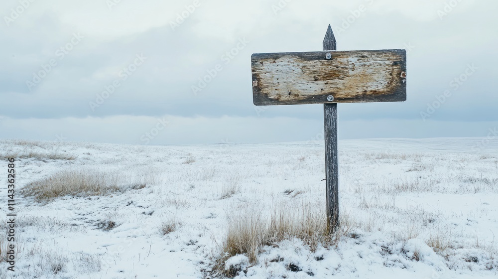 Poster a weathered signpost stands in a snowy landscape under a cloudy sky.