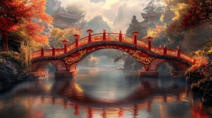 Obraz premium Serene autumn scene: A red bridge gracefully arches over tranquil water, reflecting fiery foliage and misty mountains.