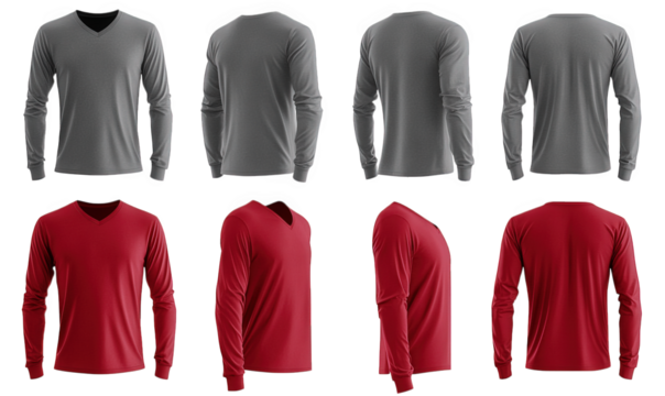 a set of eight a red and grey long sleeve t-shirt on a transparent background the front and back of each shirt - Powered by Adobe