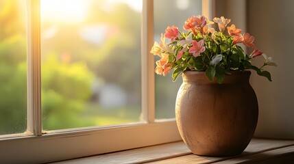 Sunlit Flowers in Earthenware Pot by Window