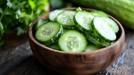 Fresh cucumber slices in a wooden bowl with herbs in the background.