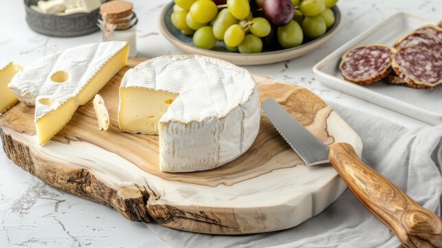 Indulge in creamy Camembert, served with grapes and salami on a rustic wooden board. A delightful cheese platter!