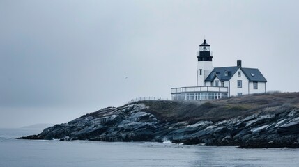 Lighthouse on rocky coast, a serene, misty day. Waves gently lap the shore.  A solitary sentinel against the gray sky.