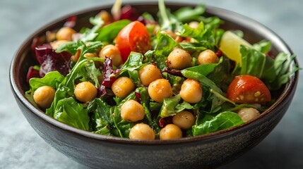 Fresh salad with chickpeas, greens, and cherry tomatoes in a rustic bowl.