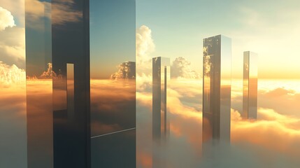 Skyscrapers above a sea of clouds during sunset