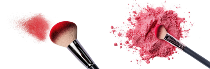 a close-up shot of two makeup brushes with pink powder on a transparent background one brush has powder scattered around it. while the other is nestled in a pile of powder