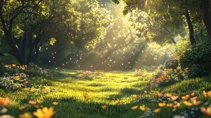 Obraz premium Serene Meadow Illuminated by Sunlight with Flourishing Plants and Vibrant Wildflowers