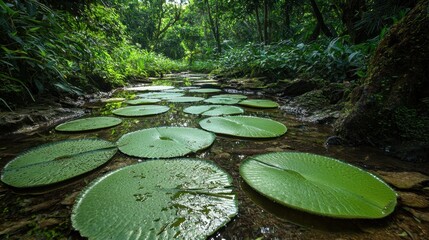 Lush Tropical Forest Scene with Water Lily Pads on a Tranquil Stream Surface