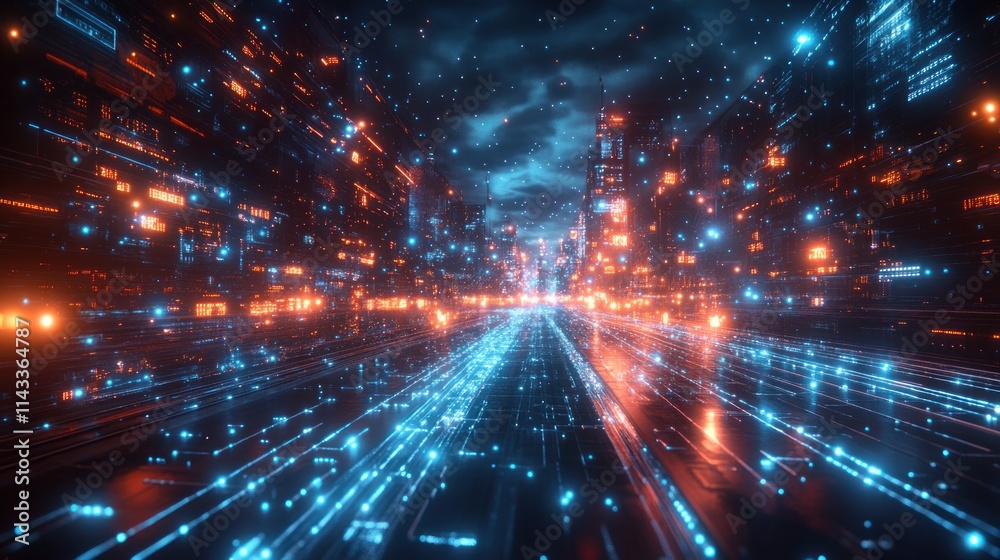 Fototapete global connectivity and network map in cyberpunk style with glowing lines and nodes