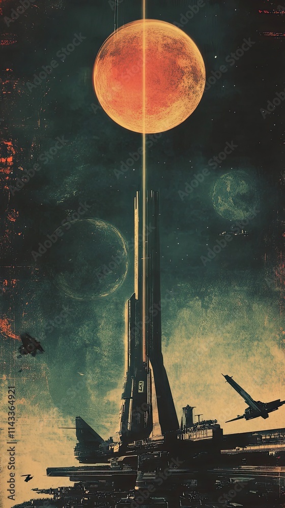 Wall mural distant planet towering structure spacecraft orbiting