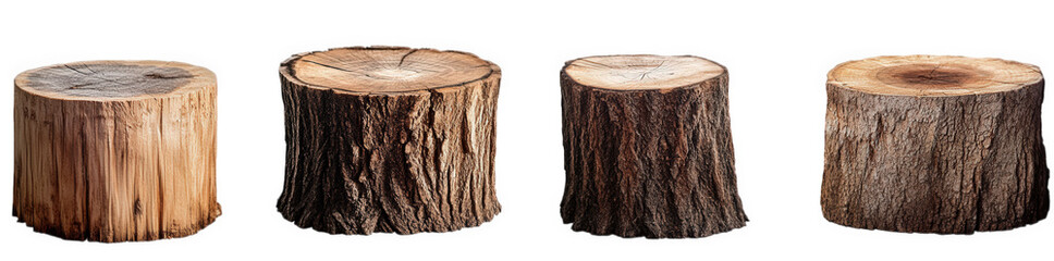 four tree stumps of different sizes isolated on a transparent background