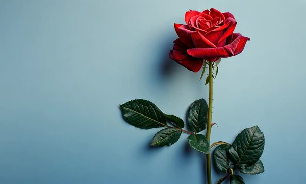 Single red rose against blue background