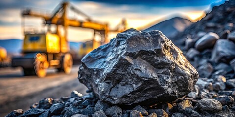A large, weathered rock rests amidst a field of smaller stones, a yellow industrial crane blurred in the background, casting a warm glow on the scene.
