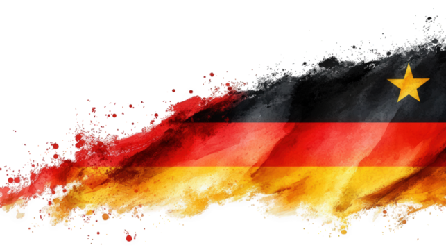 a vibrant and abstract watercolor painting of the german flag. with splashes of red. black. and yellow paint. against a transparent background