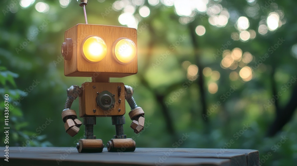 Poster a wooden robot with glowing eyes stands on a log in a lush, green forest setting.