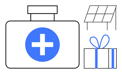 Medical kit with a cross symbol, solar panel with grid design, gift box with ribbon bow. Ideal for healthcare, emergency preparedness, renewable energy, presents, sustainability, medical supplies