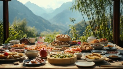 A Bountiful feast amidst breathtaking mountain vistas.  A culinary adventure in nature's embrace.