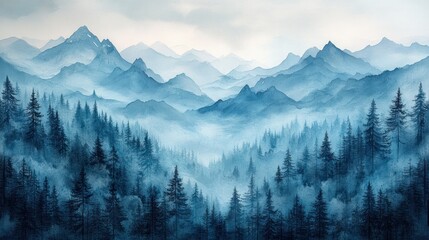 Fototapeta premium Misty Forest Watercolor Landscape Dreamy Winter Scenery